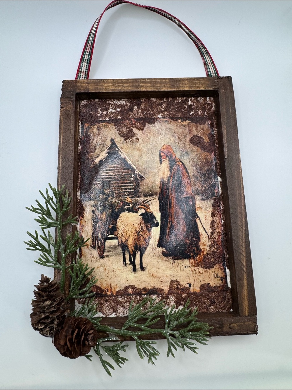 New OOAK Small Primitive Hanging Santa Picture Winter Decor
